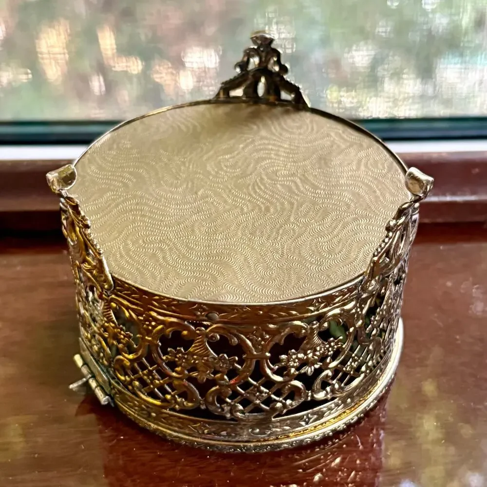 Vintage Gold Filigree Jewelry Casket Footed Trinket Box with Glass Lid